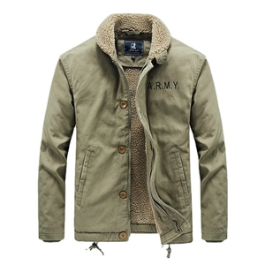 Army green flight jacket with warm fleece collar and A.R.M.Y print for men