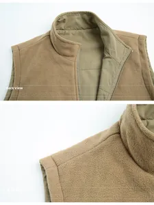 Detail view of khaki fleece vest showing reversible collar and soft fabric texture