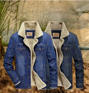 Detailed view of fleece lining and texture on men's winter denim jackets in two colors