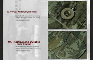 Detail of durable button and cargo pocket on heavy cotton camouflage shorts