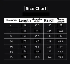 Detailed size chart for men washed cotton jacket showing measurements from M to 5XL