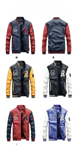Flat lay view of color block PU varsity jackets with varsity letter patches in five colors