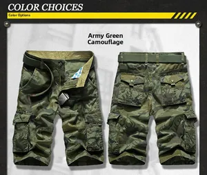 Front and back view of camo cargo shorts with heavy duty belt and eagle buckle detailing