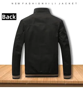 Rear view of black stand-collar cotton jacket with striped ribbed hem and cuffs