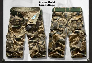 Front and back view of khaki camo cotton cargo shorts with a matching woven belt