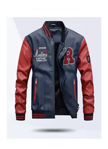 Detail of baseball collar jacket featuring striped ribbing and red PU leather sleeves