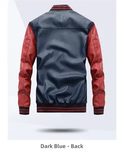 Back view of navy blue and red PU leather varsity jacket with striped ribbed trims