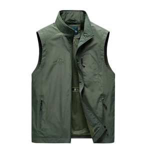 Men's Outdoor Utility Vest Multi-Pocket Stand Collar Fishing Photography Waistcoat Breathable Mesh Lining Nylon Sleeveless Jacket