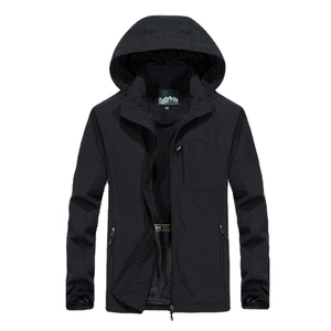 Men's casual black hooded windbreaker jacket with functional zip pockets and athletic fit