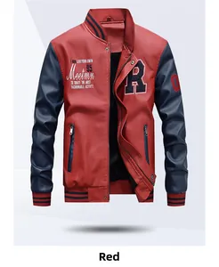 Detail of red and blue PU leather varsity jacket with R patch and striped rib cuffs