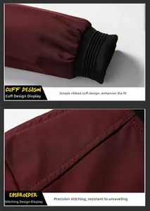 Close-up of elastic ribbed cuffs and reinforced stitching on wine red baseball jacket