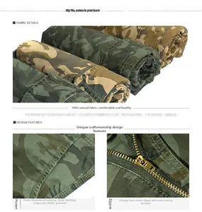 Detail view of cotton camo shorts with vintage brass zipper and semi-automatic lock
