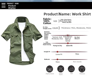 Detail of army green cotton work shirt featuring double chest pockets and metal buttons