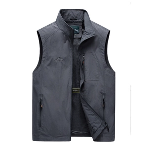 Men's dark grey outdoor vest with multiple zipper pockets and mesh lining design