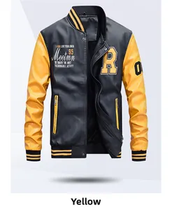 Detail of a black and yellow PU leather varsity jacket with ribbed collar and embroidery