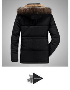 Rückansicht der Herren Winterjacke mit dickem Kunstfellkragen und Steppstruktur