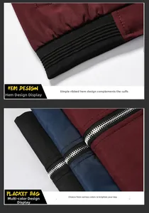 Detail view of ribbed hem and zipper closure on men's baseball jackets in multiple colors