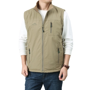 Men's outdoor reversible fleece vest with stand collar and zipper pockets in khaki