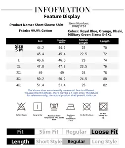 Size chart and fabric details for men's 100% cotton short-sleeve shirts S to 4XL