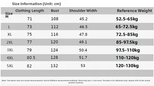 Size chart table for men's cotton short sleeve shirt showing measurements in cm from M to 5XL