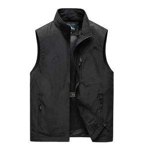 Men's outdoor leisure vest in black with zip pockets and breathable mesh lining