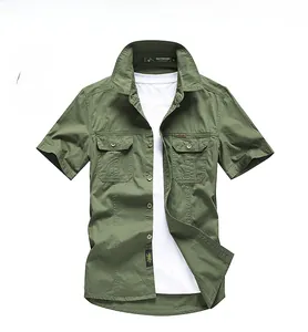 Detail view of army green cargo shirt with symmetrical flap chest pockets and buttons