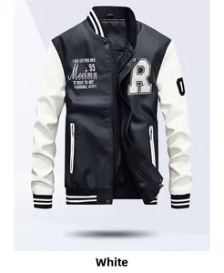 Detail of navy and white varsity jacket featuring rib-knit trim and letter R embroidery