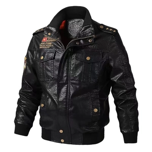 Men's black PU leather motorcycle jacket with army patches and stars on white background