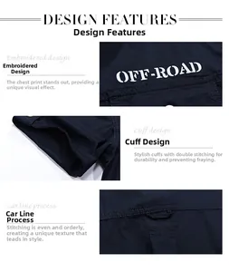 Detail view of navy blue shirt with OFF-ROAD print and reinforced double-stitched sleeves