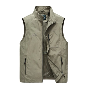 Men's khaki outdoor functional vest with multi-pockets and mesh lining for fishing