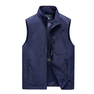 Men's dark blue outdoor vest with multi-pockets, stand collar and breathable mesh lining