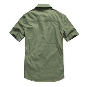 Back view of army green cotton cargo shirt with straight yoke and curved hem detail