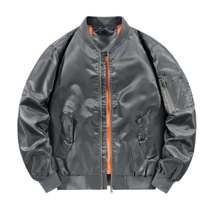 Classic dark grey MA-1 bomber jacket with vibrant orange lining and ribbed cuffs