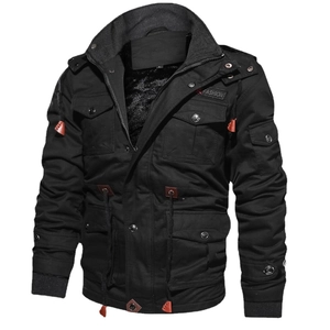 Men's black fleece-lined cargo jacket with a hooded thick design and multiple utility pockets