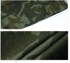 Detailed view of camouflage cargo shorts featuring reinforced stitching and premium cotton