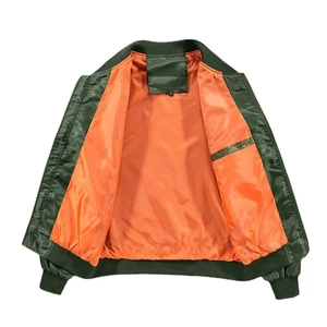 Classic olive green MA-1 bomber jacket with orange lining and ribbed collar