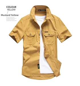 Detailed close-up of yellow cotton cargo shirt with dual chest pockets and label details
