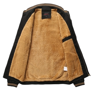 Men's washed cotton winter jacket with warm fleece lining and striped ribbed collar trim