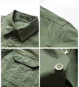 Detail of olive green cotton canvas shirt showing flap pocket and vintage metal button