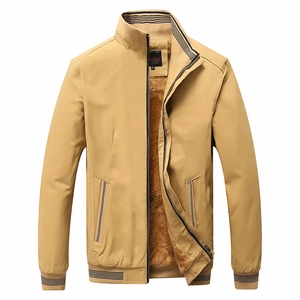 Men's khaki stand collar jacket with thick fleece lining and ribbed striped cuffs