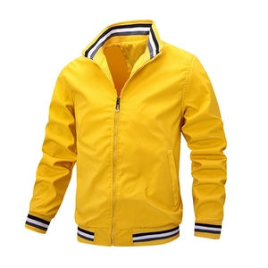 Men's yellow bomber jacket with stand collar and striped ribbing for casual sportswear