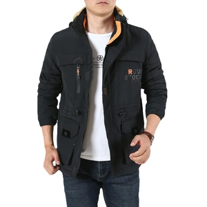 Men's outdoor cargo jacket in black with orange lining and warm fleece-lined collar