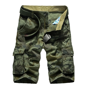 Men's cotton camo cargo shorts with multi-pockets and army green canvas belt