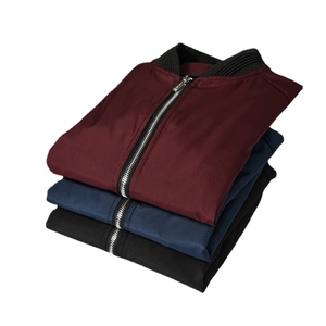 Classic men's bomber jackets in burgundy, navy, and black with silver zippers