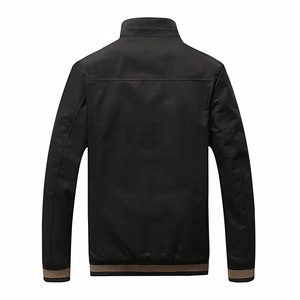 Back view of men's washed black stand collar jacket with ribbed striped hem and cuffs