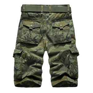 Men's green camo cargo shorts with multiple pockets and matching canvas belt