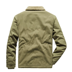Men's winter military sherpa jacket in army green with fleece collar, back view display