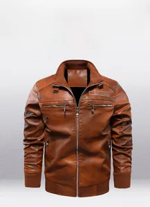 Detailed view of men's brown biker jacket with ribbed stand collar and metal zipper pockets