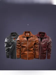 Detail view of men's faux leather jackets in black, brown and wine red with ribbed cuffs