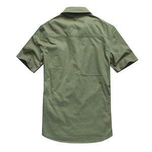 Back view of a premium military green cotton cargo short-sleeve shirt for men
